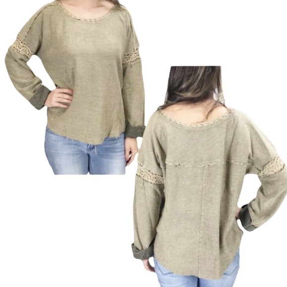 By Together Tan Frayed Edge Scooped Neck Sweater Oversized Sz S - Picture 1 of 8
